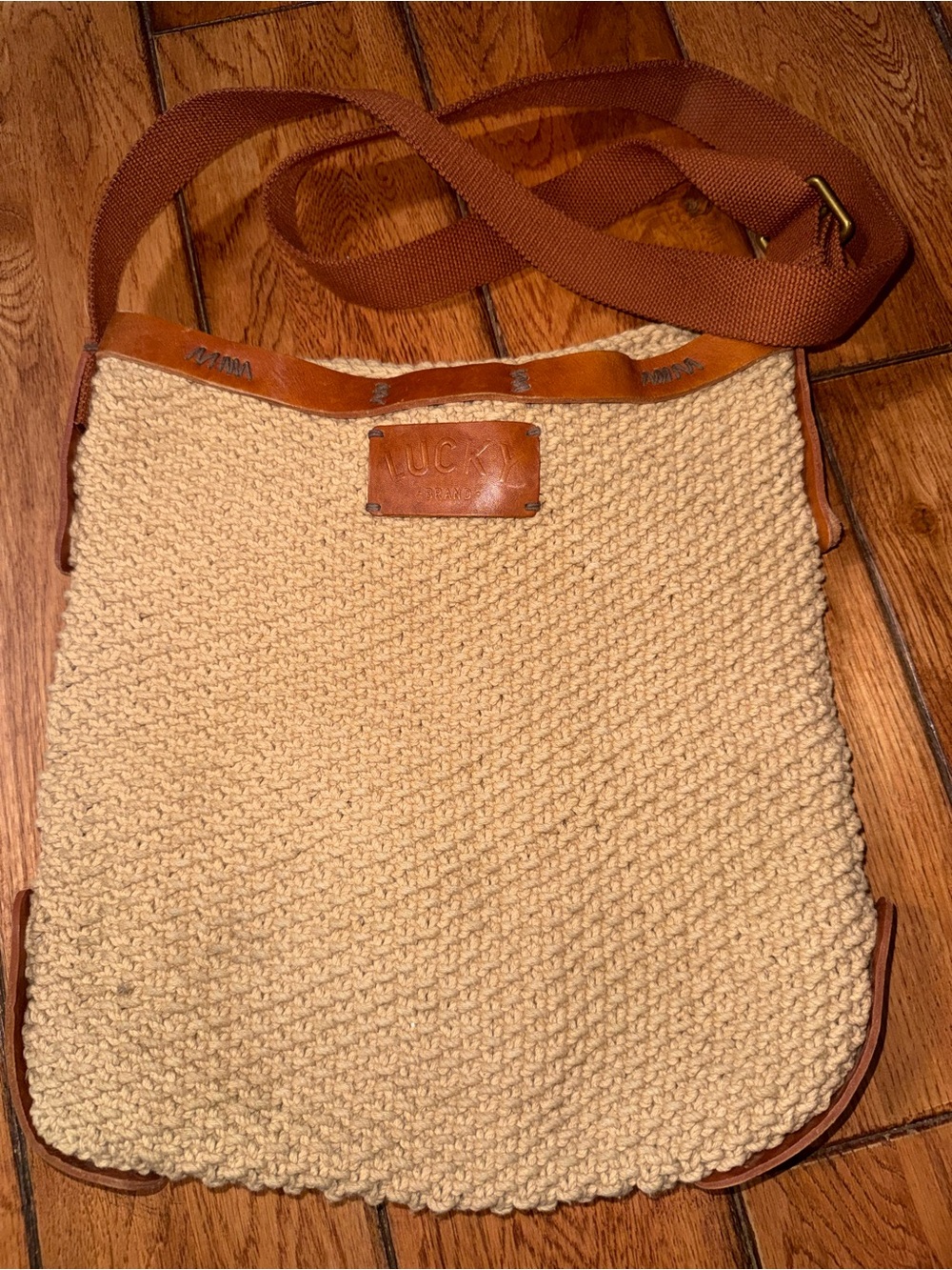 Lucky Brand Cream Woven Crossbody with Tan Leather Trim